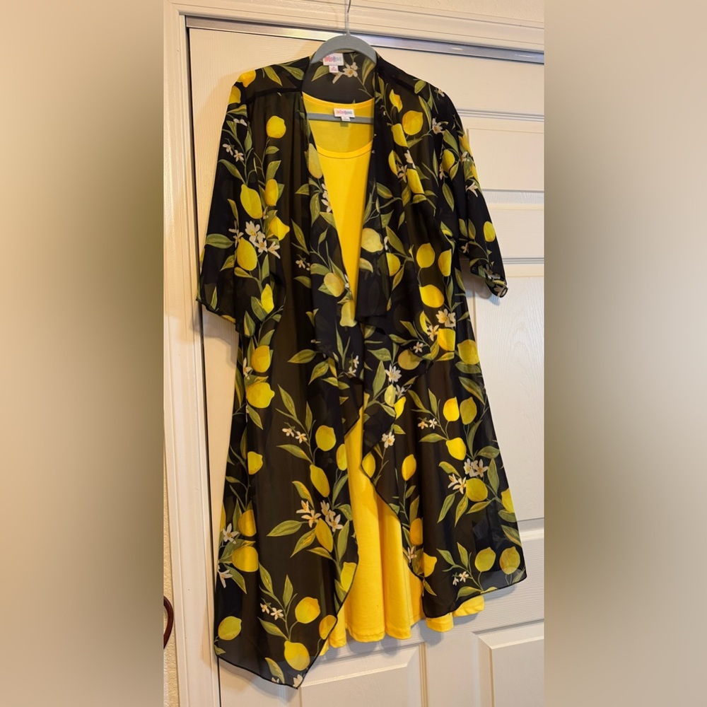 LuLaRoe Yellow Dress with sheer Lemon Kimono